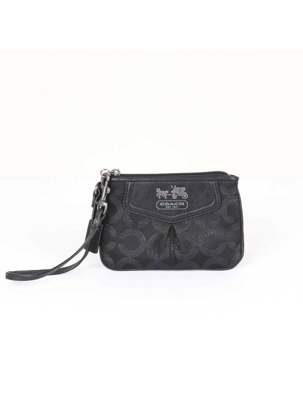 Coach Black Signature Jacquard Wristlet Pouch Leather Trim Silver Hardware